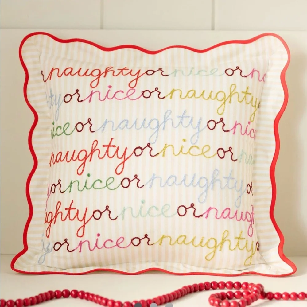 New! NWT Anthropologie Marlise Embroidered Cotton Holiday Pillow. Naughty & Nice